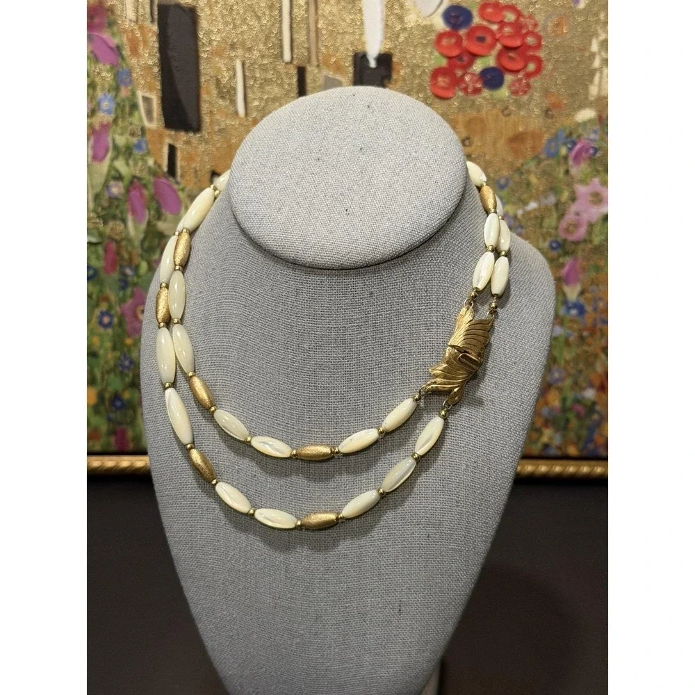 Vintage Napier‎ Double Strand Oblong Mother of Pearl Gold Tone Beded Necklace